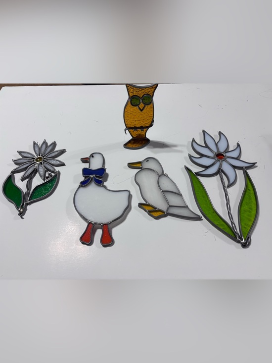 No brand Other - Stained Glass Duck & Floral Set -lWhite, Green, Standing Brown Owl